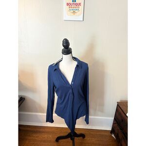 Violets & Roses Blue Ribbed Collared Henley Body Suit l Large | NWT